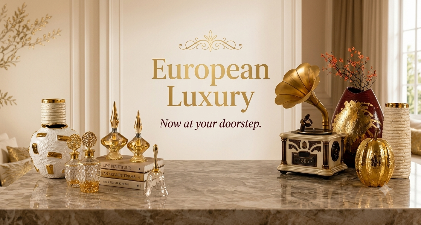 A luxury interior scene with the words 'European Luxury' and 'Now at your doorstep.' centered on a cream wall above a marble countertop.