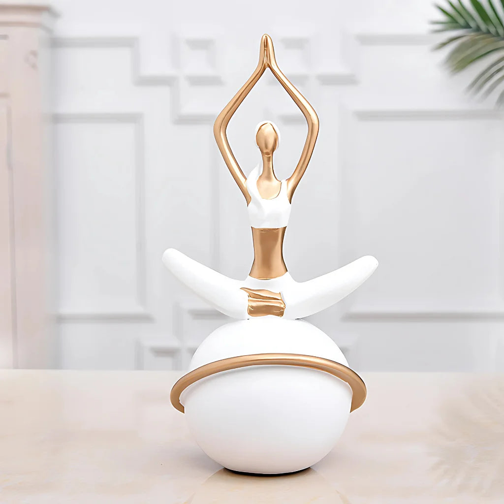 White and gold yoga lady ball sculpture dimensions - 14cm W x 14cm D x 30.5cm H