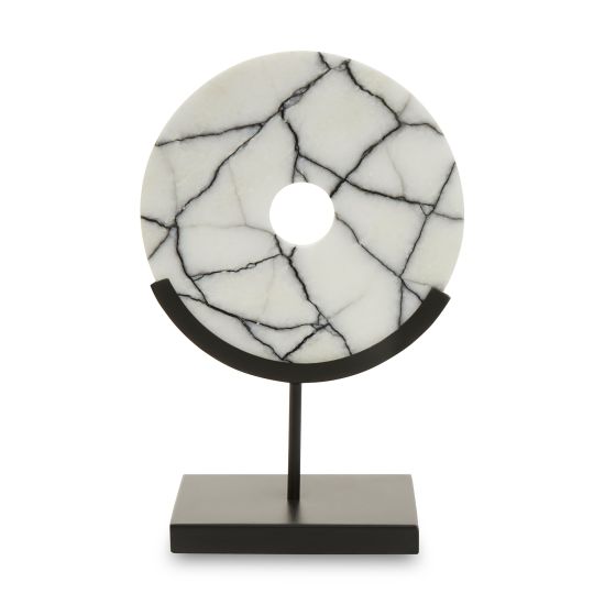 Marble Circle Disc Sculpture on Black Stand