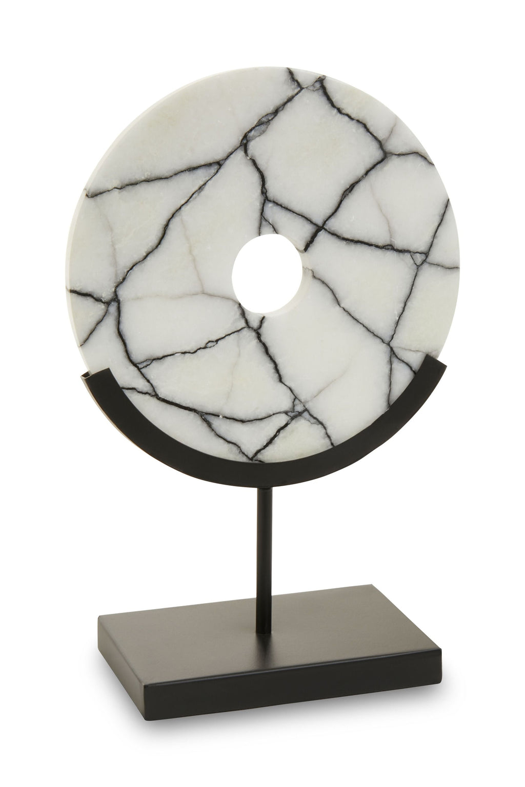Marble Circle Disc Sculpture on Black Stand