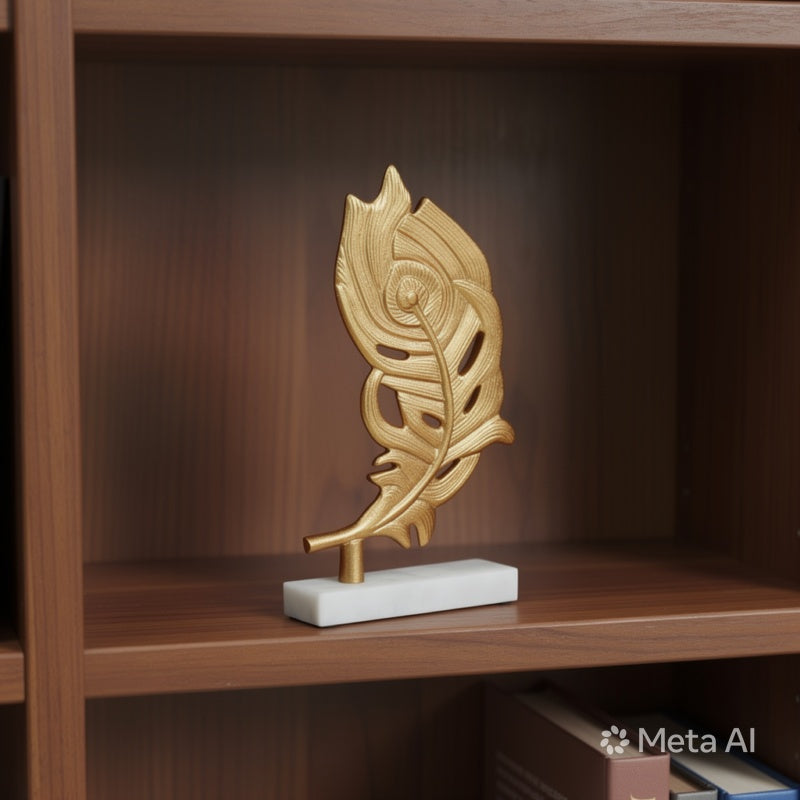 Gold Peacock Feather Sculpture on Marble Base