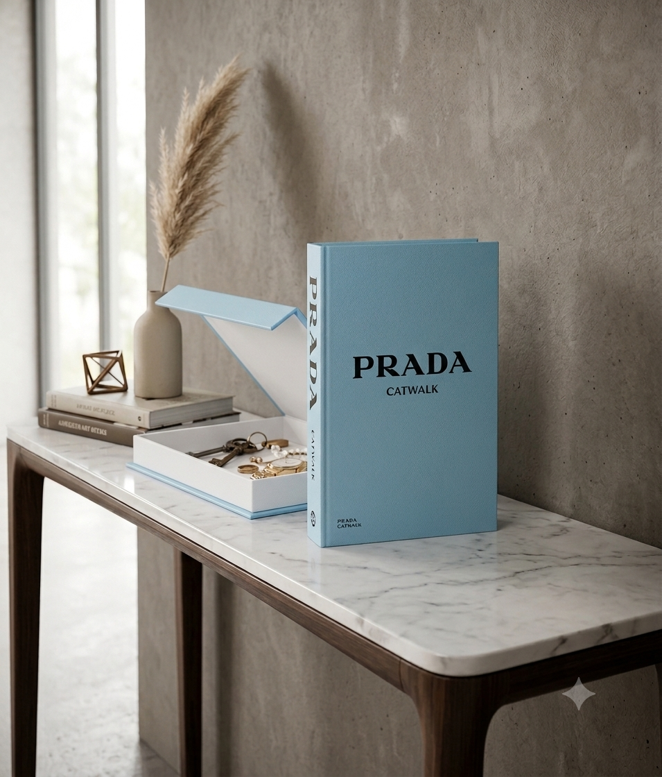 Prada Catwalk decorative coffee table book powder blue cover standing vertically on marble console table with open storage box, pampas grass and gold ornament