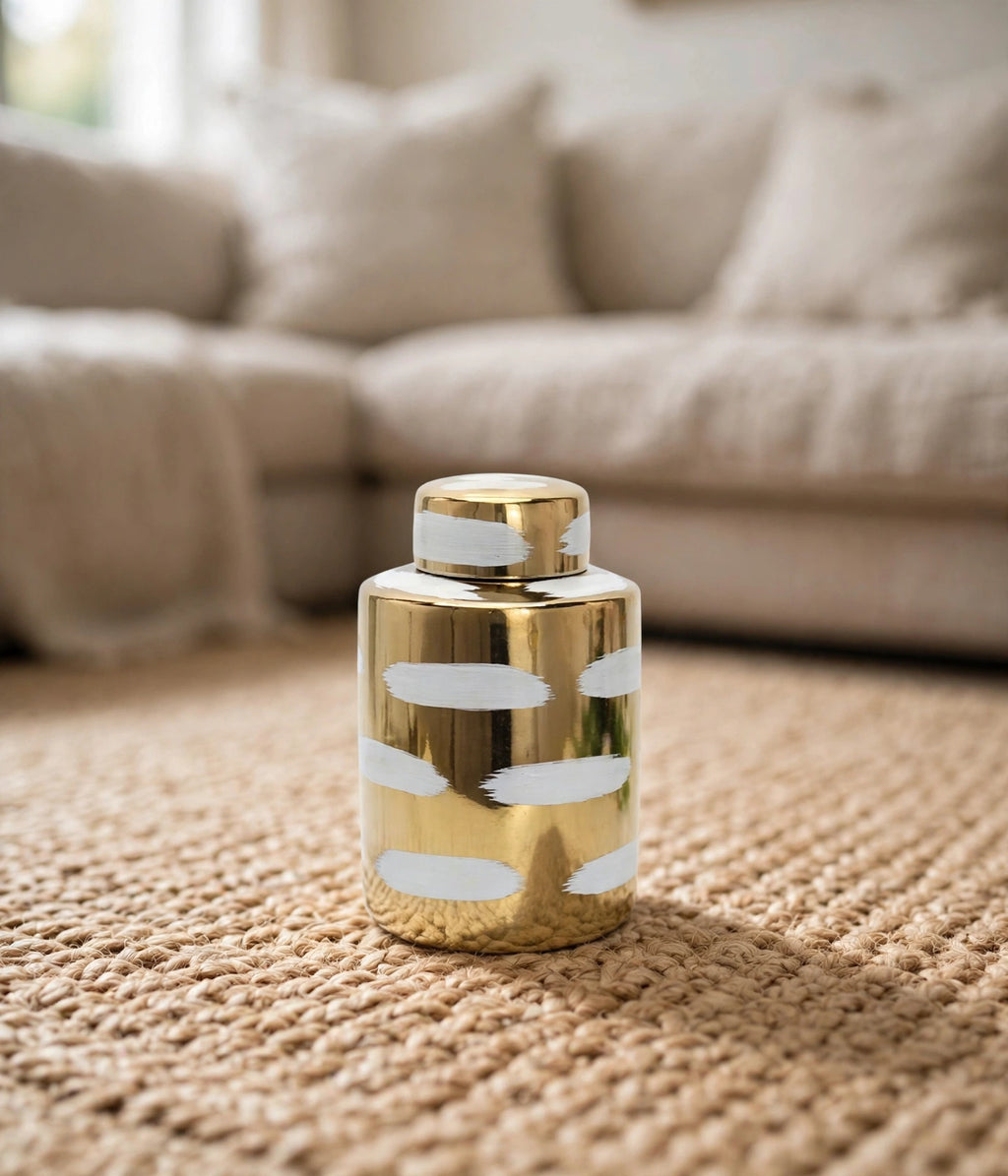 Gold & White Brushstroke Ceramic Ginger Jar