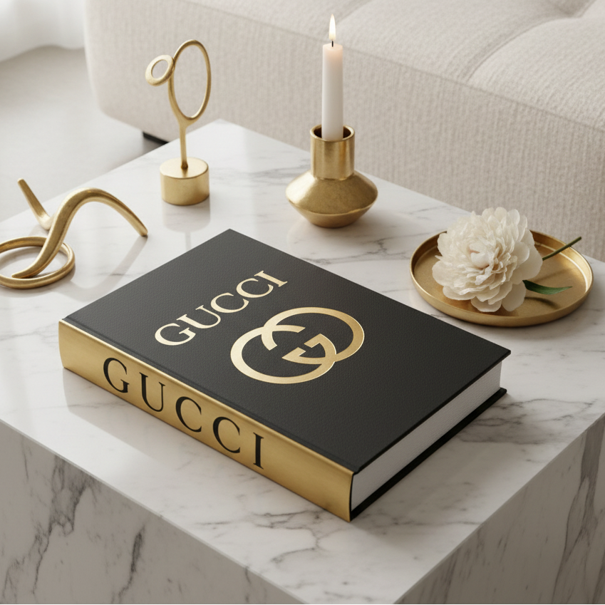 Gucci black and gold coffee table book styled on marble side table in modern luxury living room with cream sofa and natural light