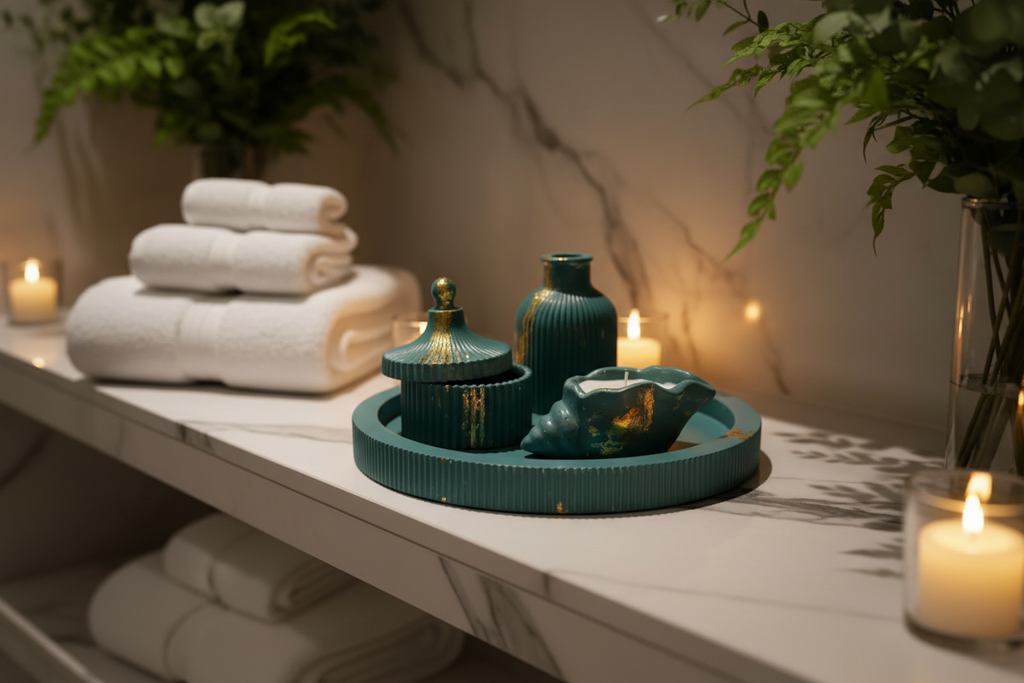 Teal gold set on marble bathroom shelf with candlelight