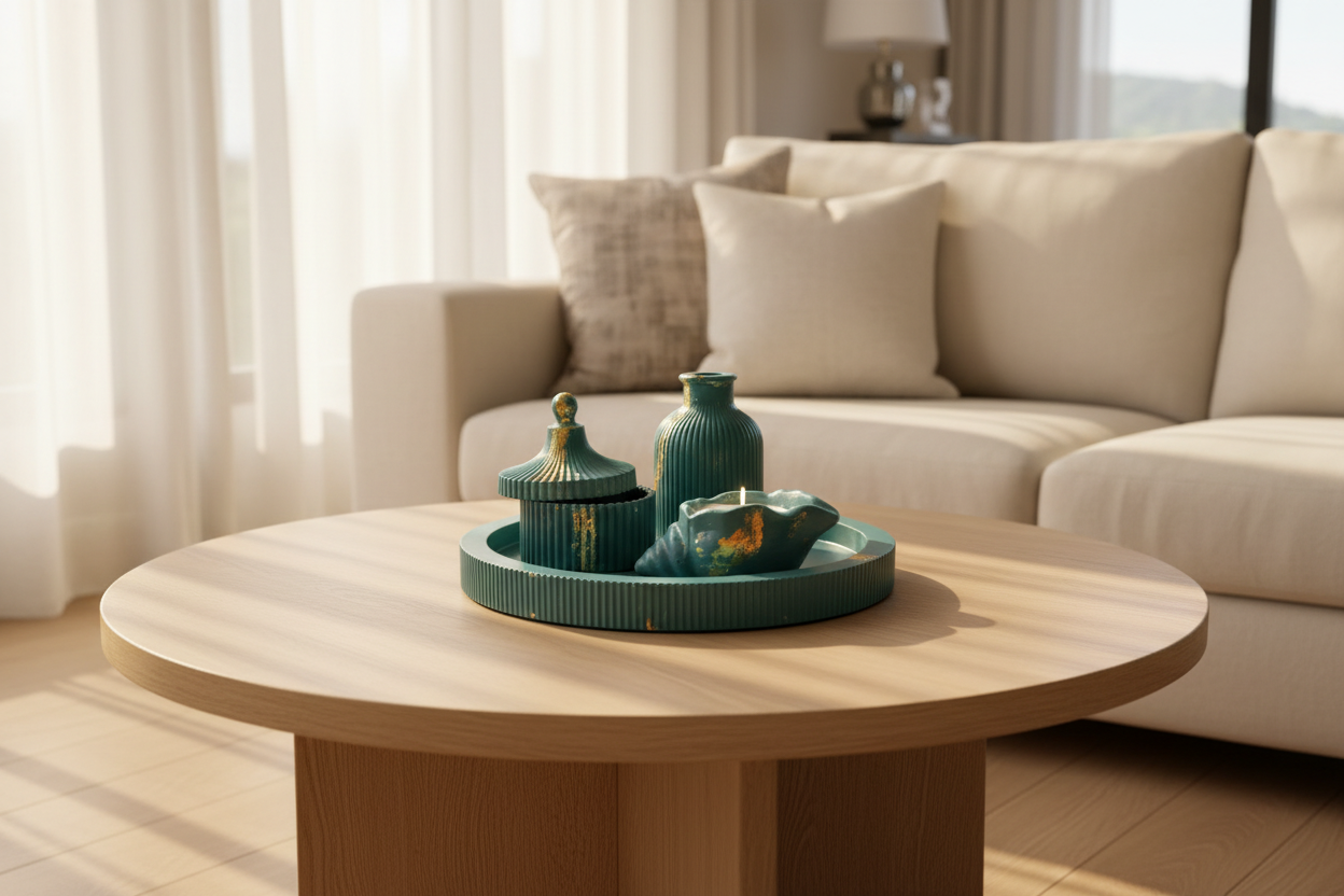 Teal gold set on oak coffee table in luxury living room