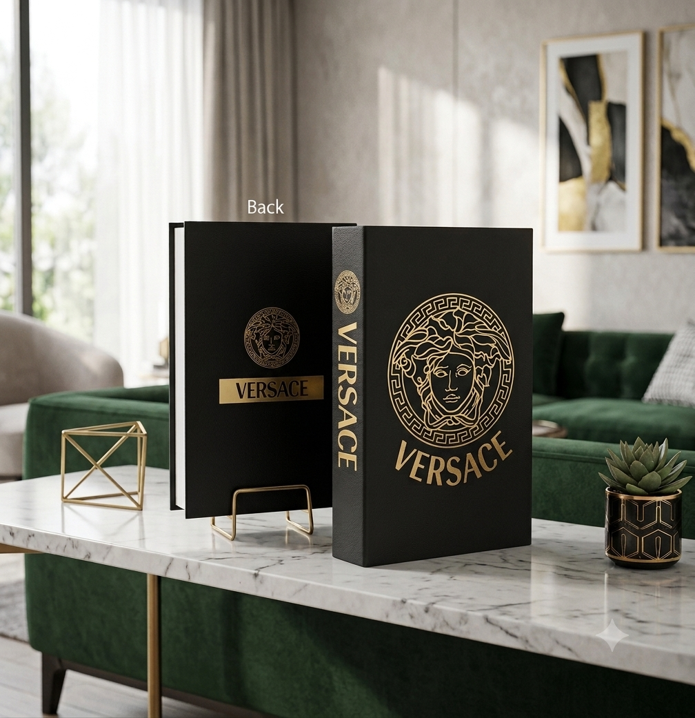 Versace decorative coffee table book matte black cover with gold Medusa medallion – front and back view on marble table in luxury living room with green velvet sofa