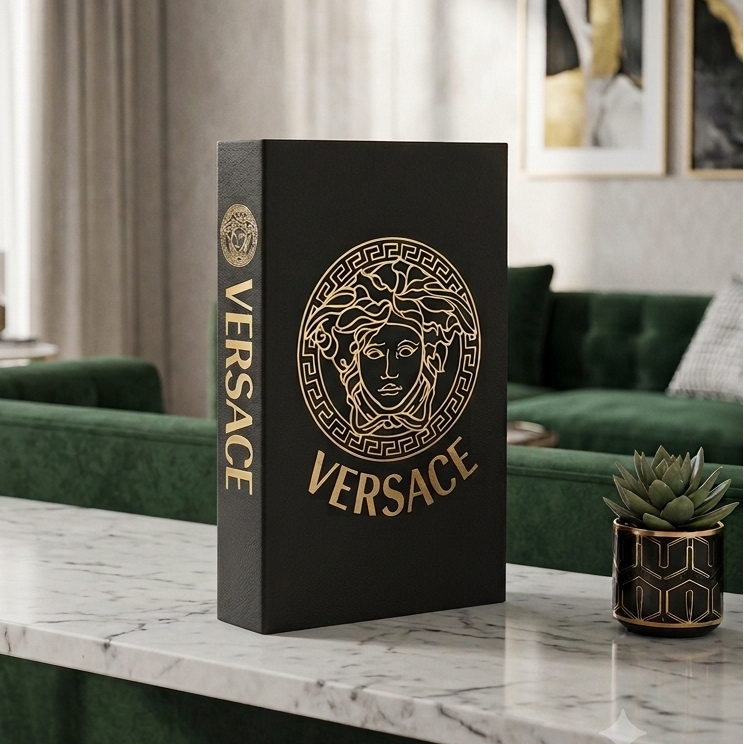A black Versace hardcover box or book-style package standing on a marble-topped table in a modern living room with green velvet sofas and framed wall art.